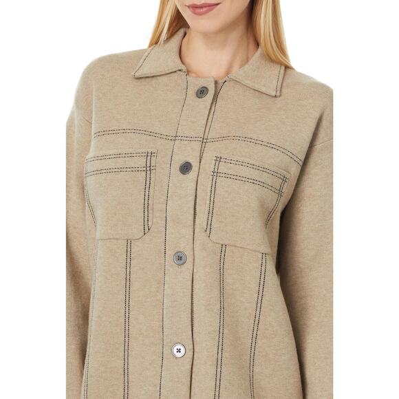 EUC Elliott Lauren Beige Top Stitch Button Front Sweater Jacket Sz M Fringe Hem - Picture 7 of 16